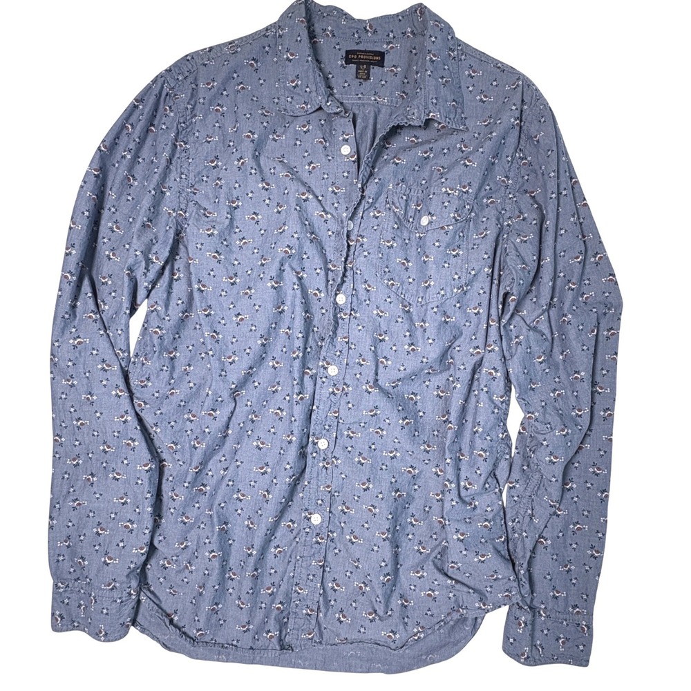 CPO Provisions L Button Down Shirt Blue Floral Cotton Long Sleeve Workwear boho